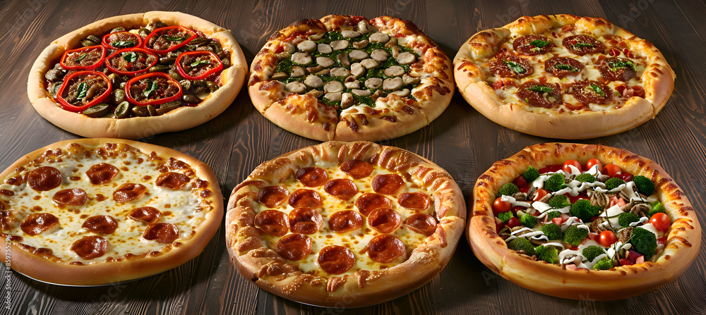 A variety of stuffed crust pizzas with different toppings, captured with vibrant colors and detailed textures A variety of stuffed crust pizzas with different toppings, captured with vibrant colors and detailed textures