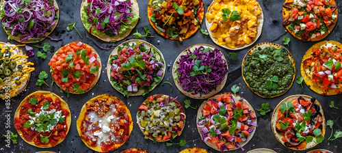 A variety of taco pizzas with different toppings, captured with vibrant colors and detailed textures