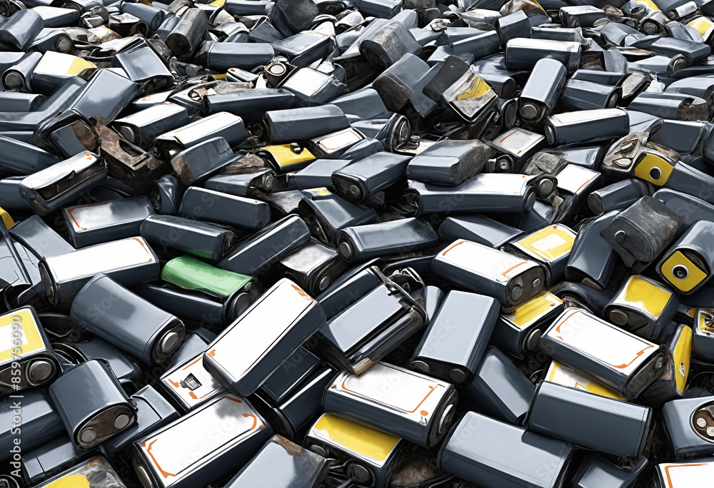 Fototapeta premium Pile of old spoiled depleted electric car batteries treated as garbage. Recycling and disposal. Toxic chemical EV car batteries waste. Threat to the environment.