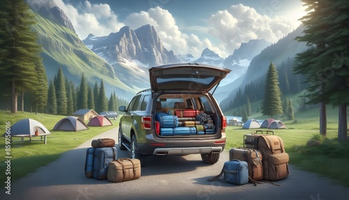 Family car cargo back side open door with bags and camping gear ready to travel. Background with majestic maintains and green vegetations, camping tens on the side. Weekend getaway to an extended trip photo
