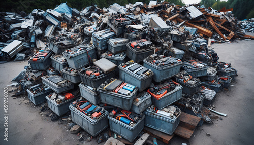 Pile of old spoiled depleted electric car batteries treated as garbage. Recycling and disposal. Toxic chemical EV car batteries waste. Threat to the environment.