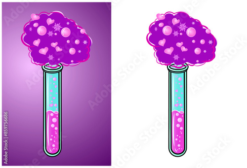 A test tube with a love potion, the potion is poured out of a test tube with hearts and bubbles. Valentine's Day concert, design of postcards, valentines. Chemistry of love