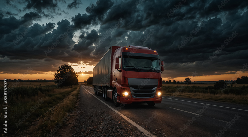Transport truck driving on asphalt road in a rural landscape. Transport truck driving on asphalt road in a rural landscape.