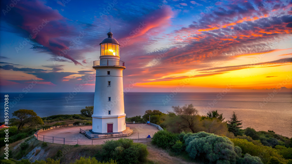 White sea lighthouse in Feodosia, Crimea on the Black Sea from the light under the evening sky White sea lighthouse in Feodosia, Crimea on the Black Sea from the light under the evening sky