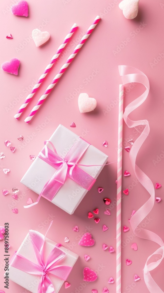 Valentines day background with stylish party decorations, gift box, pink hearts, ribbon, drinking straws. Valentine's day sale banner template. Minimal flat lay style. Love and romance concept Valentines day background with stylish party decorations, gift box, pink hearts, ribbon, drinking straws. Valentine's day sale banner template. Minimal flat lay style. Love and romance concept