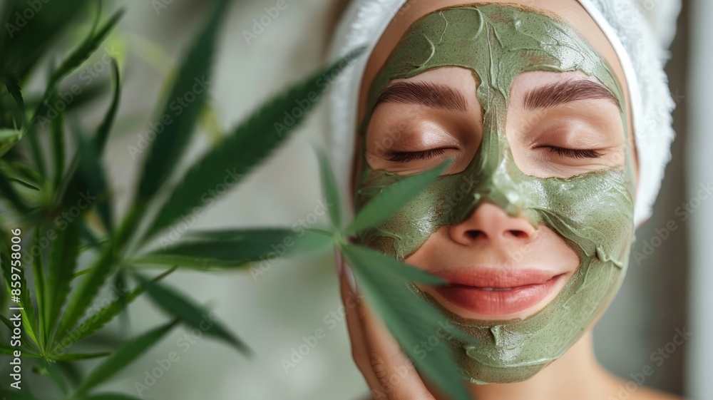 Woman with green face mask enjoys skincare natural ingredients Woman with green face mask enjoys skincare natural ingredients