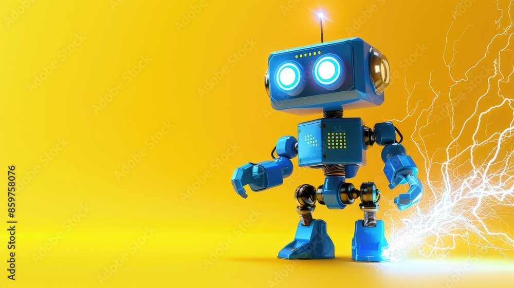 Blue robot with glowing eyes and yellow background Blue robot with glowing eyes and yellow background