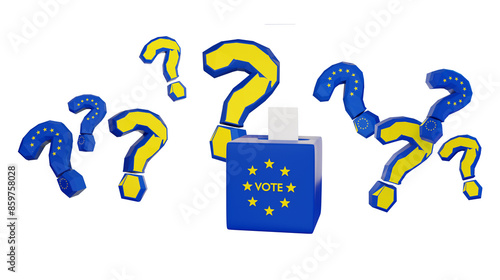 vote, blue voting box and white ballot paper in the ballot box. surrounded by the yellow stars of the flag of Europe. concept as European elections, isolated 3d illustration photo