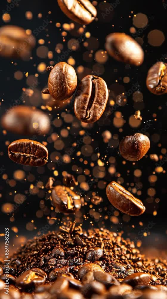 roasted coffee beans fall in smoke on black background roasted coffee beans fall in smoke on black background