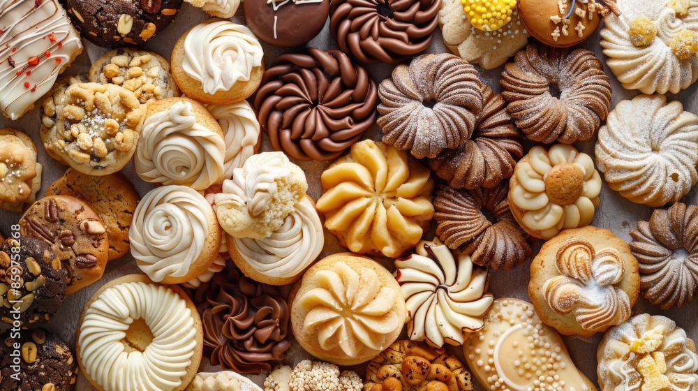 Fototapeta premium Assorted Beautiful Cookies Close-Up, Background Horizontal View from Above