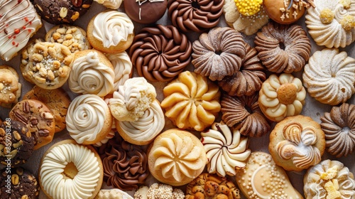 Assorted Beautiful Cookies Close-Up, Background Horizontal View from Above