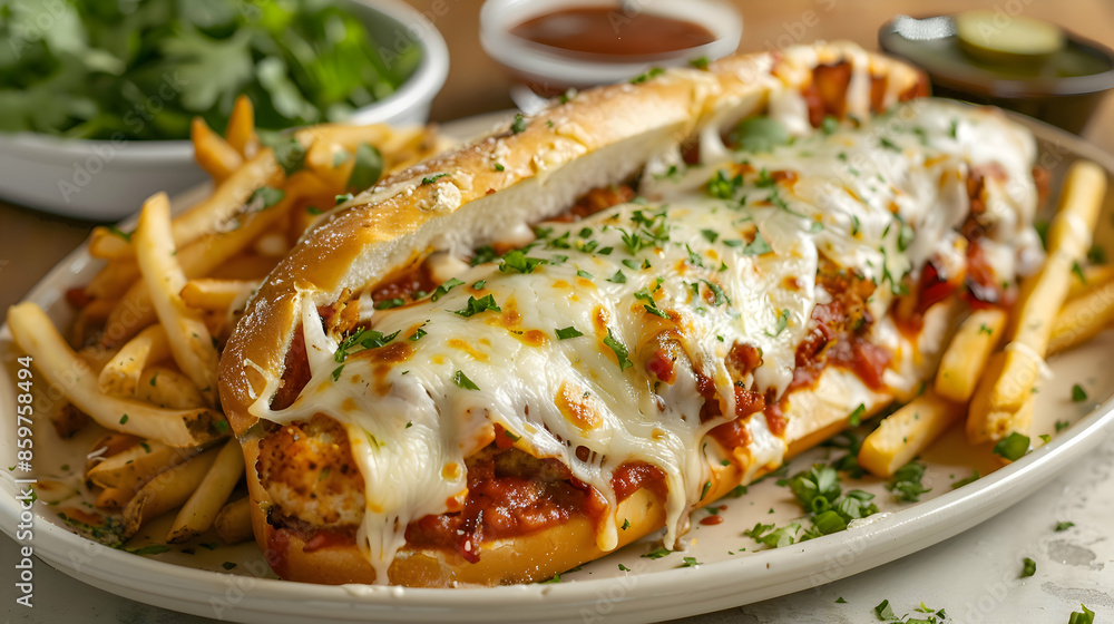 A vibrant chicken parm sub platter with a side of fries A vibrant chicken parm sub platter with a side of fries