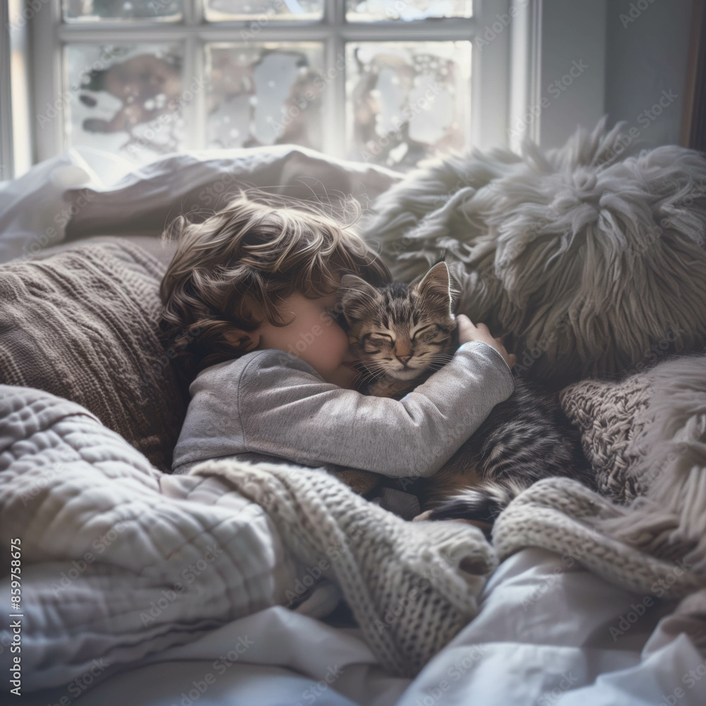 Child and kitten cuddled up on bed with cozy blankets Child and kitten cuddled up on bed with cozy blankets