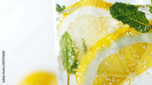 Clouse up Fresh Homemade Lemonade with Lemon and Mint for Refreshing Summer Drinks and Healthy Hydration. Ideal for nutrition and drinkrelated designs, posters, or prints. photo