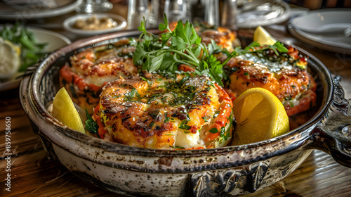 A vibrant crab cake platter with lemon wedges and fresh herbs