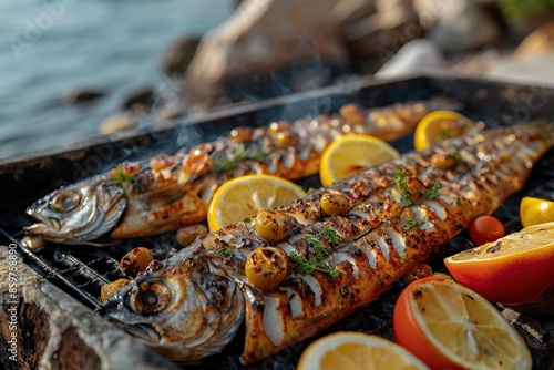 A beautifully grilled fish seasoned with aromatic herbs and spices, served hot with fresh lemon slices and garnished with tomatoes, ready to be savored by the water's edge.