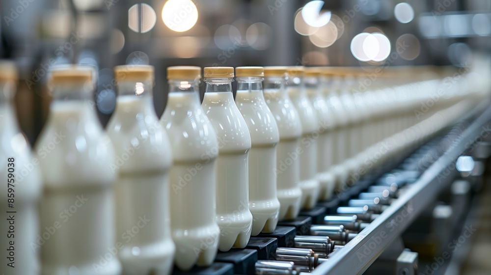 A close-up view of an automated milk bottling line in a dairy factory. White milk bottles are neatly arranged on a conveyor belt with selective focus A close-up view of an automated milk bottling line in a dairy factory. White milk bottles are neatly arranged on a conveyor belt with selective focus