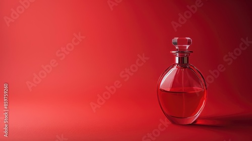 Elegant glass perfume bottle with red liquid on matching background
