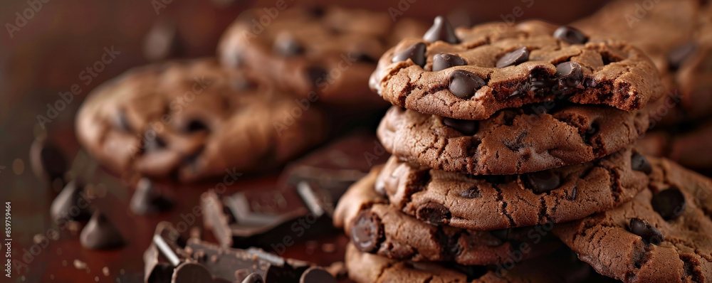 A classic chocolate background with a stack of chocolate chip cookies, with a few broken pieces revealing gooey chocolate chips inside. The backdrop is warm and inviting. A classic chocolate background with a stack of chocolate chip cookies, with a few broken pieces revealing gooey chocolate chips inside. The backdrop is warm and inviting.