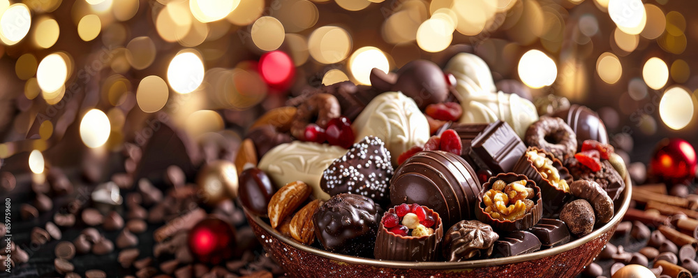 A festive chocolate background with an assortment of chocolate-covered nuts and dried fruits, arranged in a decorative bowl, set against a sparkling, festive backdrop. A festive chocolate background with an assortment of chocolate-covered nuts and dried fruits, arranged in a decorative bowl, set against a sparkling, festive backdrop.