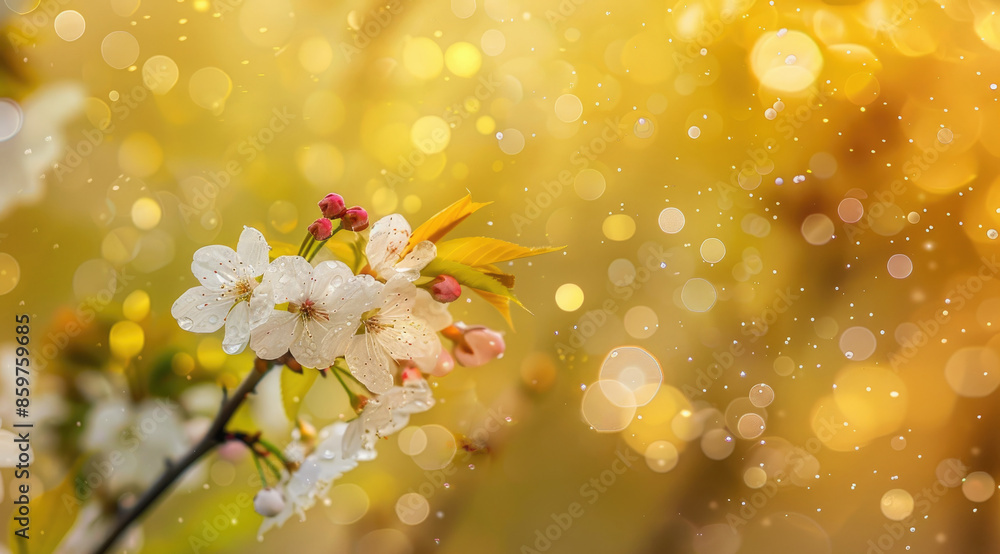 Blooming branch with white flowers against golden bokeh background Blooming branch with white flowers against golden bokeh background