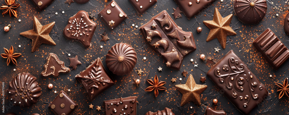 A festive chocolate background with a selection of holiday-themed chocolate shapes, such as stars and snowflakes, arranged on a dark, textured surface with gold and silver sprinkles. A festive chocolate background with a selection of holiday-themed chocolate shapes, such as stars and snowflakes, arranged on a dark, textured surface with gold and silver sprinkles.