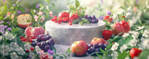 A natural fruit podium scene with a stone podium surrounded by fresh berries and edible flowers. The background features a serene garden setting with pastel colors and soft lighting.