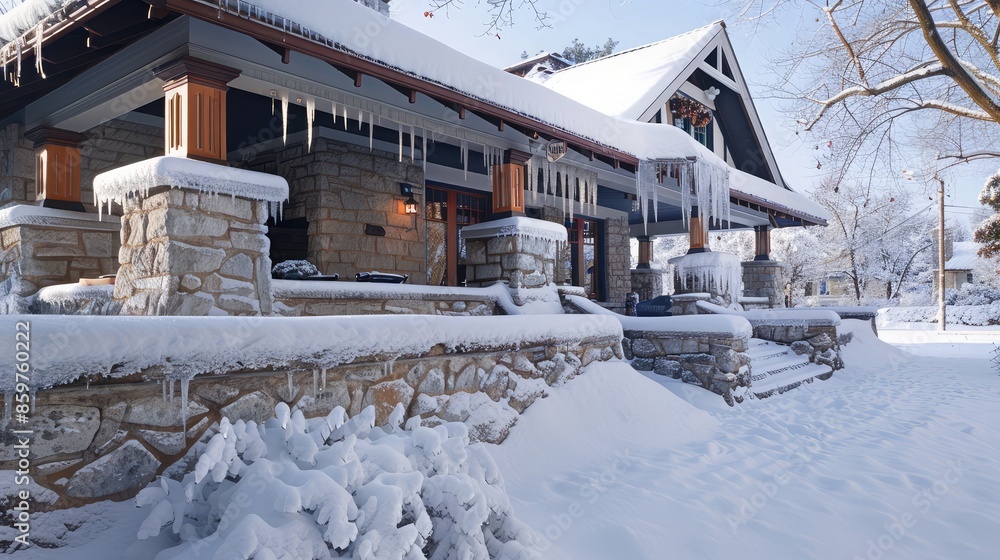 A serene snowy morning with a Craftsman house as the centerpiece, the detailed stonework on the porch dusted with snow, and icicles hanging from the eaves, all surrounded A serene snowy morning with a Craftsman house as the centerpiece, the detailed stonework on the porch dusted with snow, and icicles hanging from the eaves, all surrounded