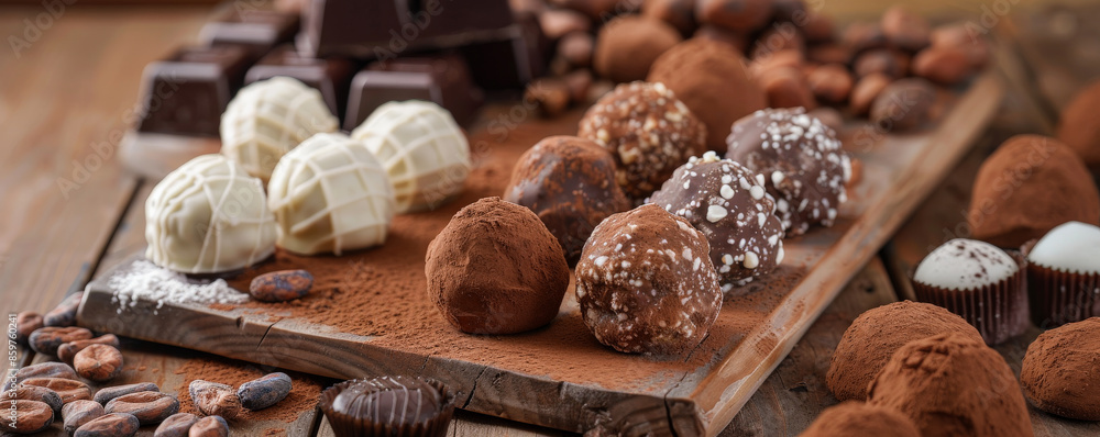 A rustic chocolate background with a selection of chocolate truffles arranged on a wooden board, set against a backdrop of cocoa beans and powdered sugar. A rustic chocolate background with a selection of chocolate truffles arranged on a wooden board, set against a backdrop of cocoa beans and powdered sugar.