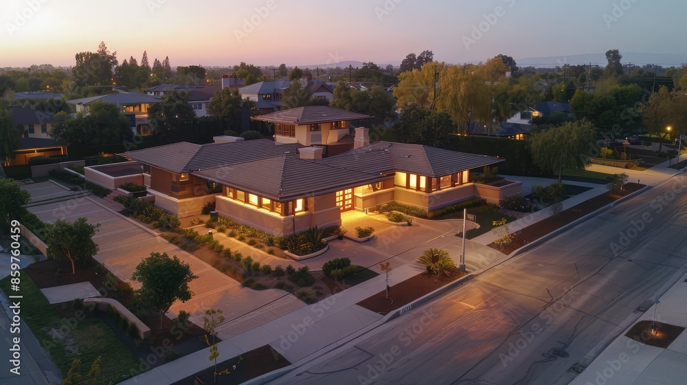 Fototapeta premium Aerial view capturing the peaceful ambiance of a suburban dawn, with a Craftsman style house in sandy beige, surrounded