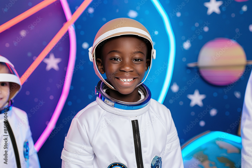 smiling happy little black boy wearing astronaut costume in galaxy themed children party smiling happy little black boy wearing astronaut costume in galaxy themed children party