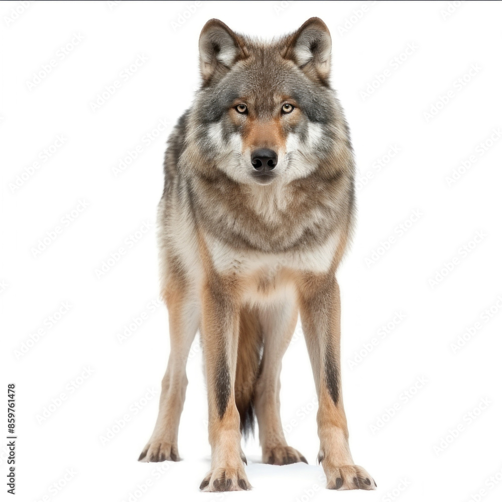 Full Body Portrait of a Majestic Grey Wolf Standing Alert in a Studio, Symbolizing Wild Instinct and Power Full Body Portrait of a Majestic Grey Wolf Standing Alert in a Studio, Symbolizing Wild Instinct and Power