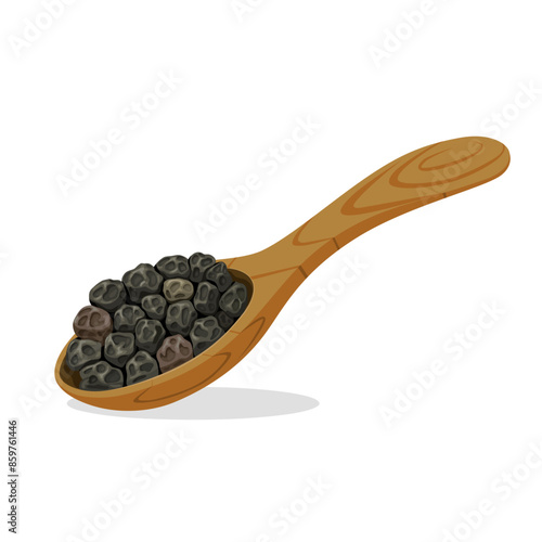 Vector illustration of black pepper on a wooden spoon, isolated on white background.