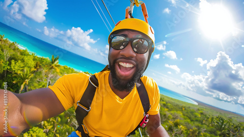 selfie of a thrilled young black man going down on a zipline soaring soaring the forest, dynamic sports photo