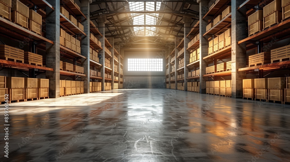A perspective view of a long aisle in a contemporary warehouse. Tall metal shelving units are stocked neatly with labeled boxes. A perspective view of a long aisle in a contemporary warehouse. Tall metal shelving units are stocked neatly with labeled boxes.