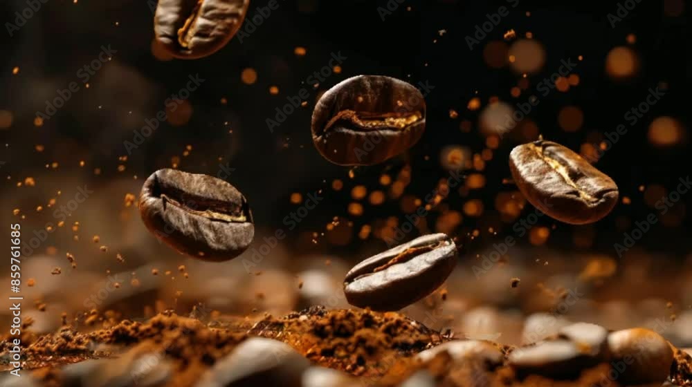roasted coffee beans fall in smoke on black background roasted coffee beans fall in smoke on black background