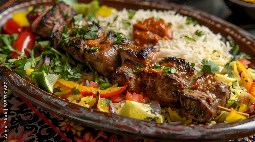 A vibrant kebab platter with rice and salad A vibrant kebab platter with rice and salad