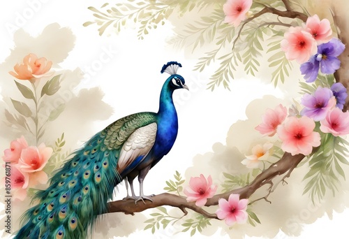 Peacock Perched on a Blooming Branch