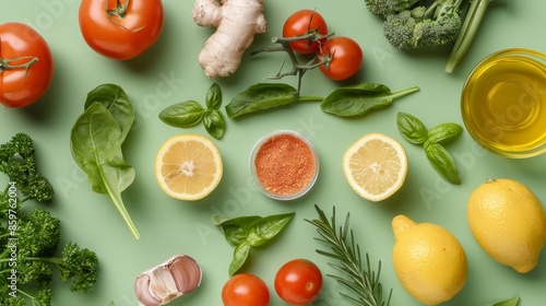 Fresh vegetables and herbs arranged on a green background, including tomatoes, lemons, garlic, ginger, basil, parsley, and rosemary. © MP-AI