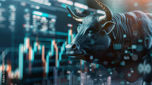 A black bull with horns stands in front of a screen displaying stock market graphs. photo