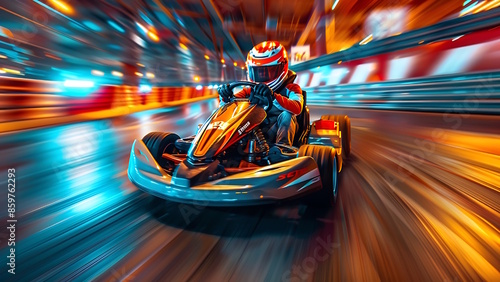 Go karts running fast, racers wearing safety uniforms in competition tournament.