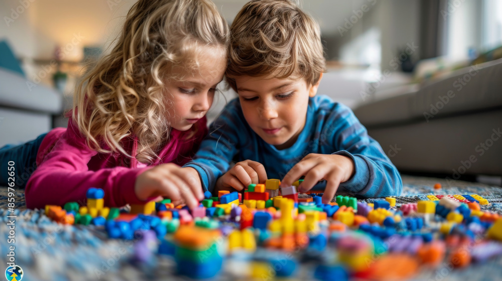 Two young children playing together, constructing with colorful building blocks on a carpeted floor indoors. Two young children playing together, constructing with colorful building blocks on a carpeted floor indoors.