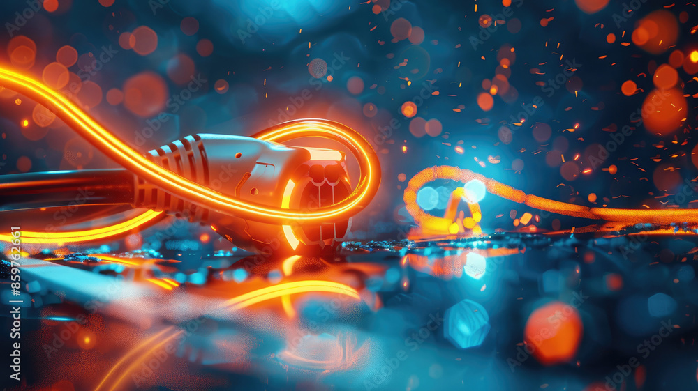 Glowing cable with neon lights in dark, bokeh background Glowing cable with neon lights in dark, bokeh background