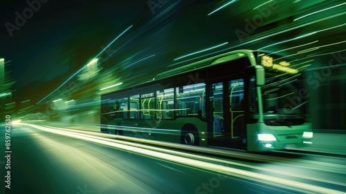 Green bus in motion at night with blurred lights and streaks