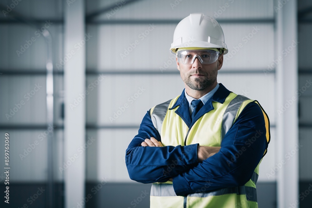A man in a hard hat, safety vest, and glasses is standing with his arms crossed in front of an industrial building.
A man in a hard hat, safety vest, and glasses is standing with his arms crossed in front of an industrial building.
