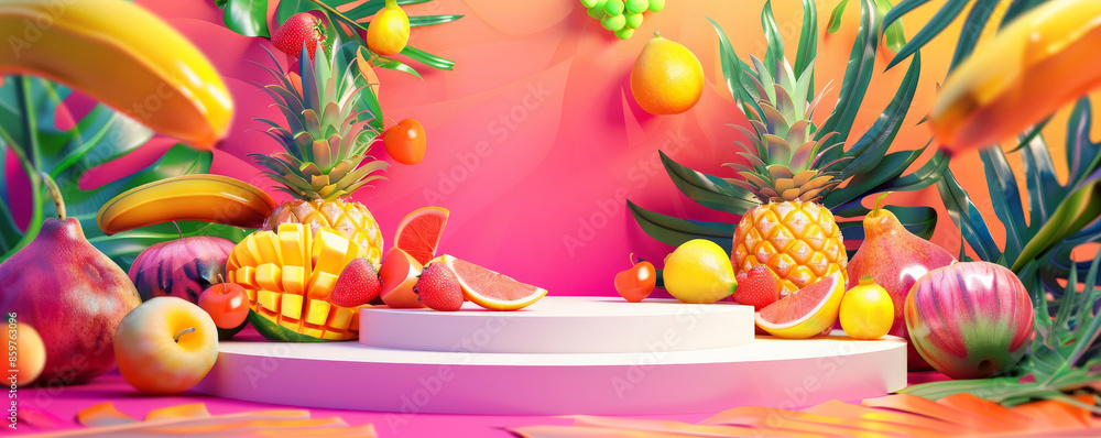 A vibrant fruit podium scene with a modern, white podium surrounded by tropical fruits like pineapples and mangoes. The backdrop features bright colors and tropical leaves. A vibrant fruit podium scene with a modern, white podium surrounded by tropical fruits like pineapples and mangoes. The backdrop features bright colors and tropical leaves.