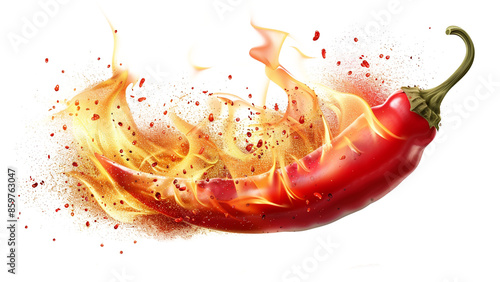 Red chili peppers with fire, design isolated on transparent background.