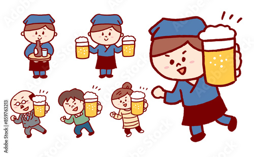 ビールジョッキで乾杯する居酒屋店員さんと客