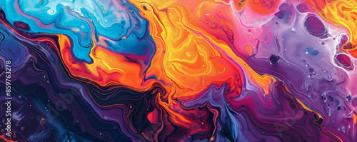 Abstract art background with a vibrant palette of orange, blue, and purple. The design is playful and energetic, with dynamic shapes and bold contrasts