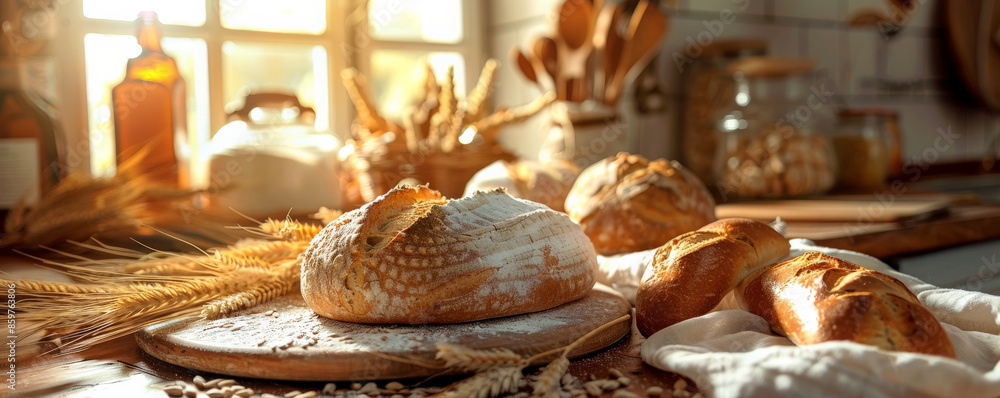 Bread bakery background showcasing a cozy, country-style kitchen with a wooden table, fresh loaves of bread, and a scattering of wheat stalks Bread bakery background showcasing a cozy, country-style kitchen with a wooden table, fresh loaves of bread, and a scattering of wheat stalks